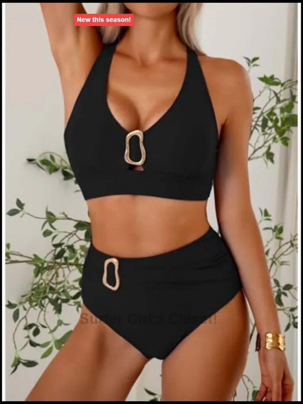 High Waisted Bikini Sets Crisscross Back V Neck Metal Ring Summer Bathing Suit
